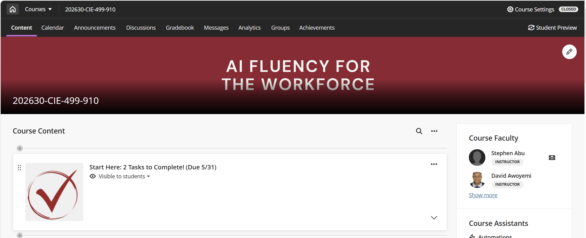 Blackboard course page for AI Fluency for the Workforce (CIE 499-910), with David Awoyemi listed as Instructor in the Course Faculty panel