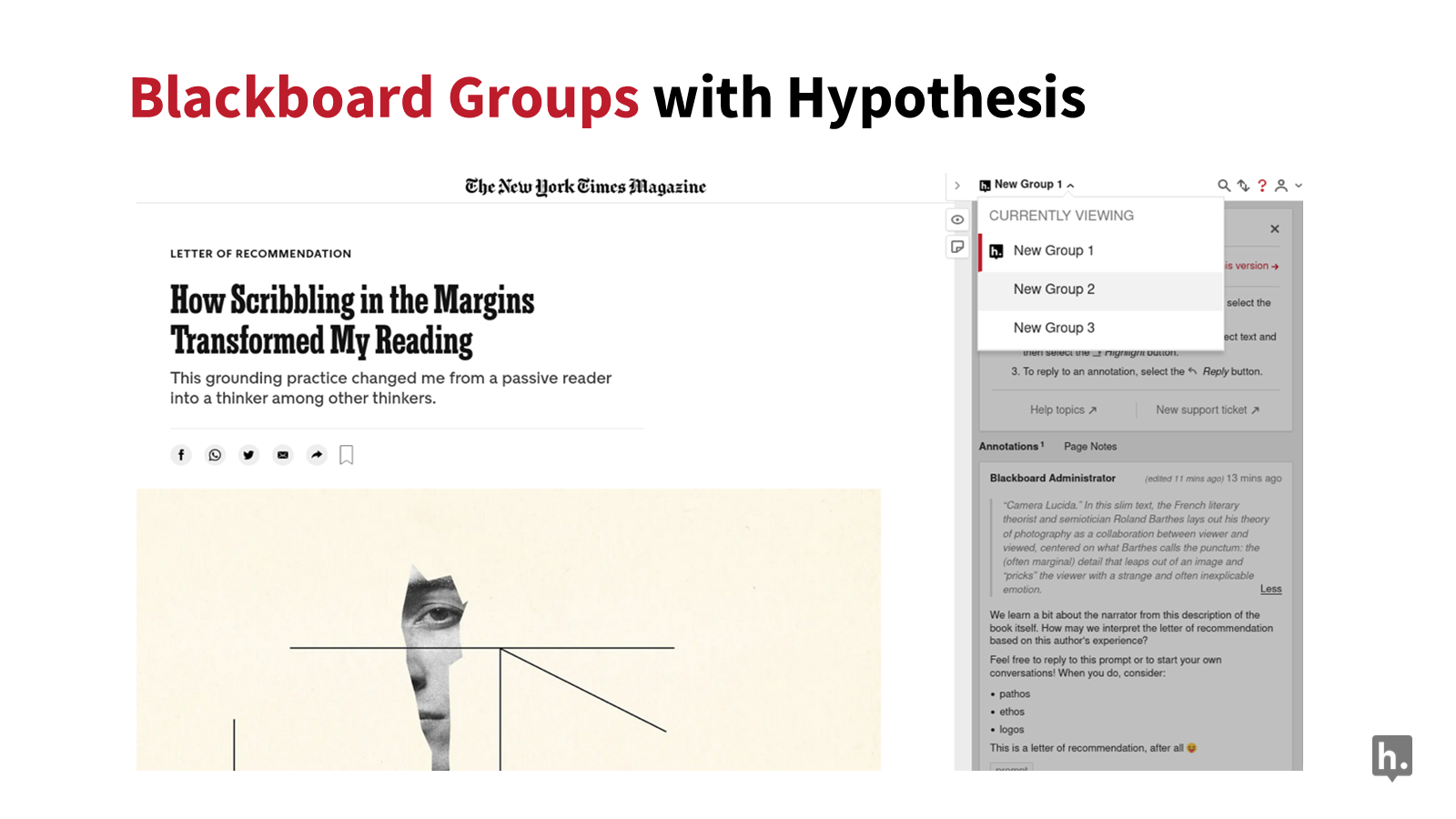Demo screenshot: Blackboard Groups with Hypothesis showing annotation sidebar on a New York Times Magazine reading
