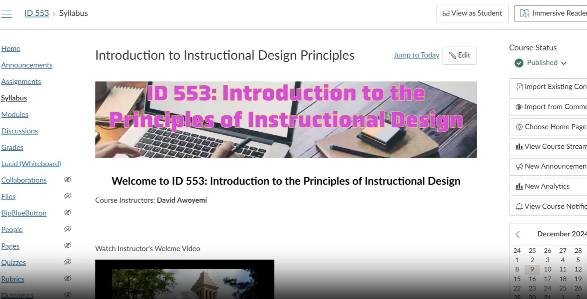 Canvas course page for ID 553: Introduction to the Principles of Instructional Design