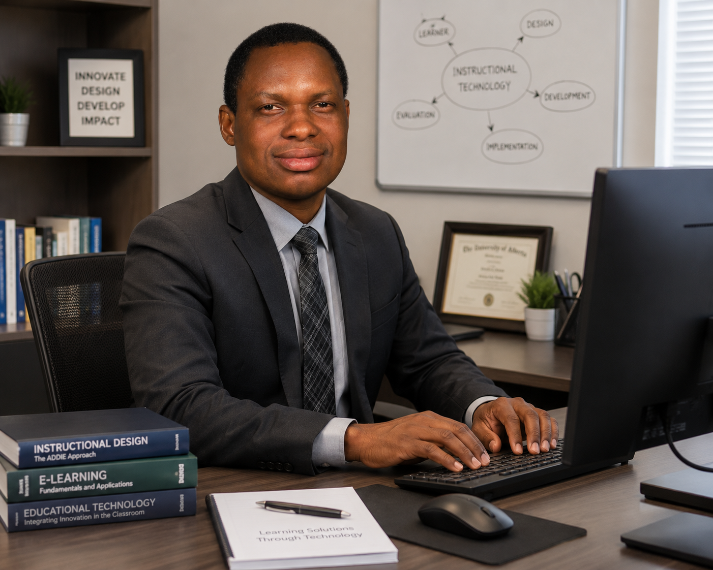 David Awoyemi in his office with an instructional-design bookshelf and an ADDIE whiteboard