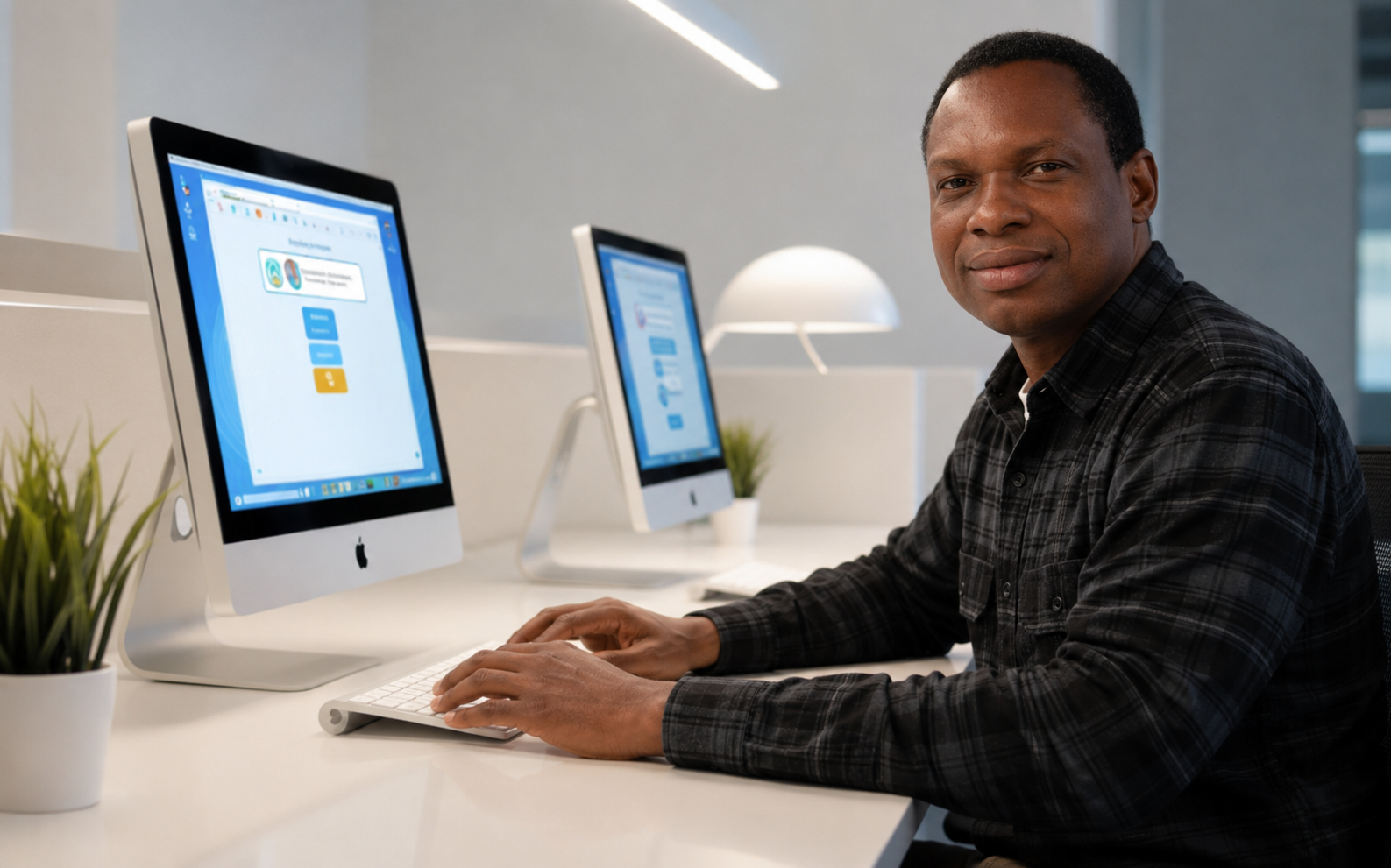 David Awoyemi working at a dual-monitor workstation