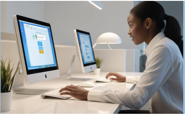 Researcher at a dual-monitor workstation