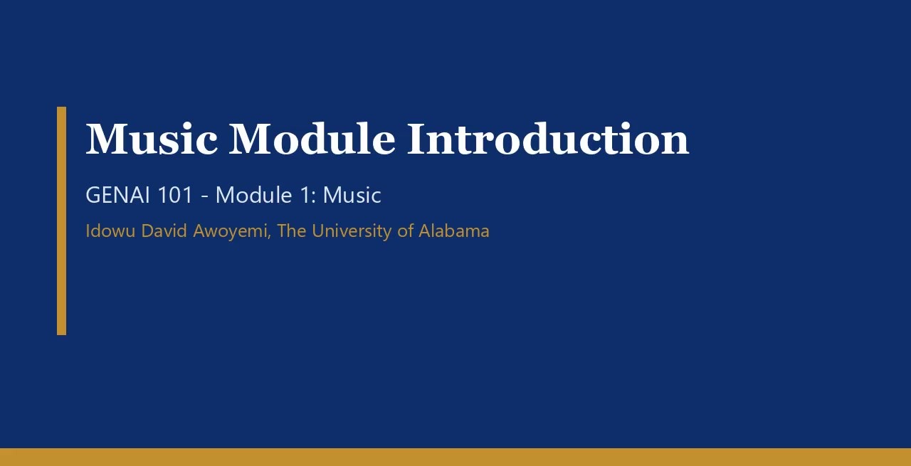 Title slide from the GENAI 101 lesson videos: Music Module Introduction