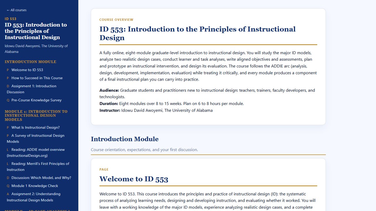 A published course page on Edukenda, showing the module structure and lesson list