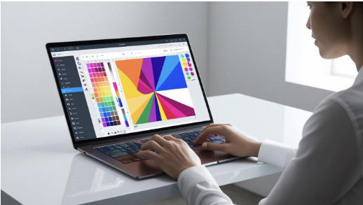 Designer working on a laptop with a colorful data palette