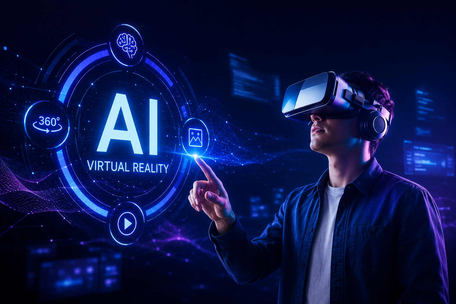 A learner exploring an immersive AI-powered virtual reality interface