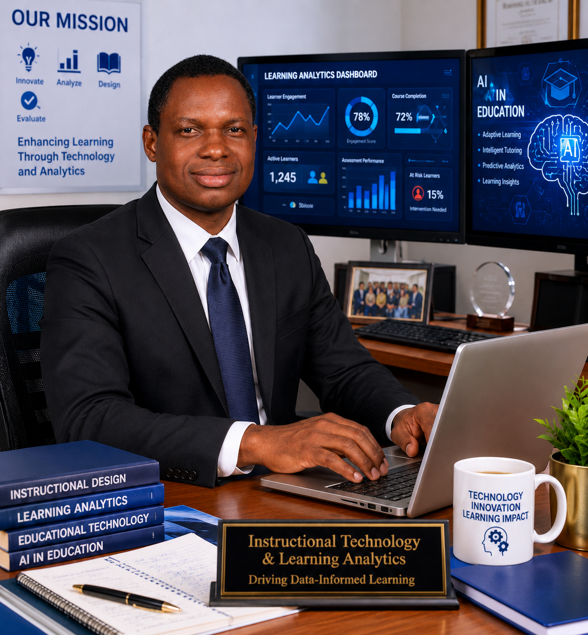 David Awoyemi at his desk, with screens showing a Learning Analytics Dashboard and AI in Education research