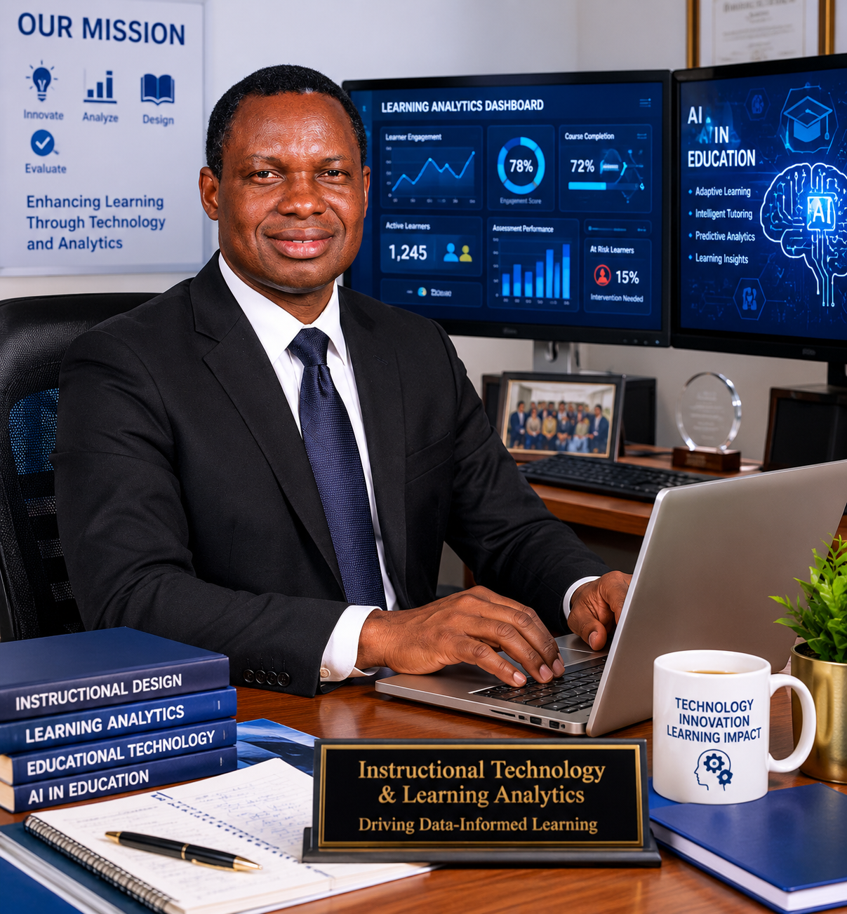 David Awoyemi at his desk, with screens showing a Learning Analytics Dashboard and AI in Education research